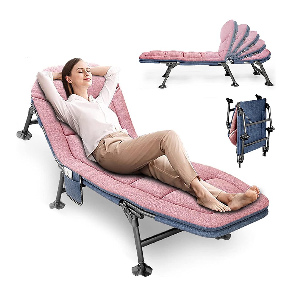 YUODIJIO Zusammenklappbares Campingbett | Tragbares Feldbett mit Kissen | Outdoor-Bett mit Seitentaschen | Reisebett mit Verstellbarer Rückenlehne | Bürobett | Gästebett